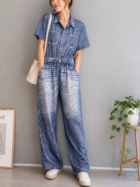 NWT Oddi Acid Washed Chambray Denim Jumpsuits Size Medium Casual